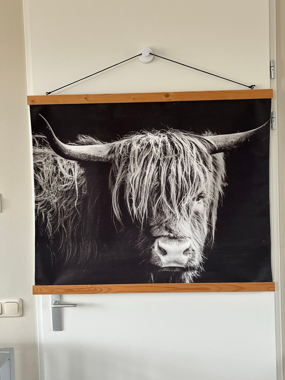 Wandkleed Schotse Hooglander Zwart-Wit, Zwart, Ophalen of Verzenden, Zo goed als nieuw, Wandkleed