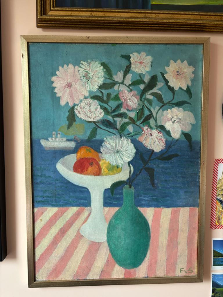 Zomers stilleven: Bloemen, fruit en schip op zee, Antiek en Kunst, Ophalen