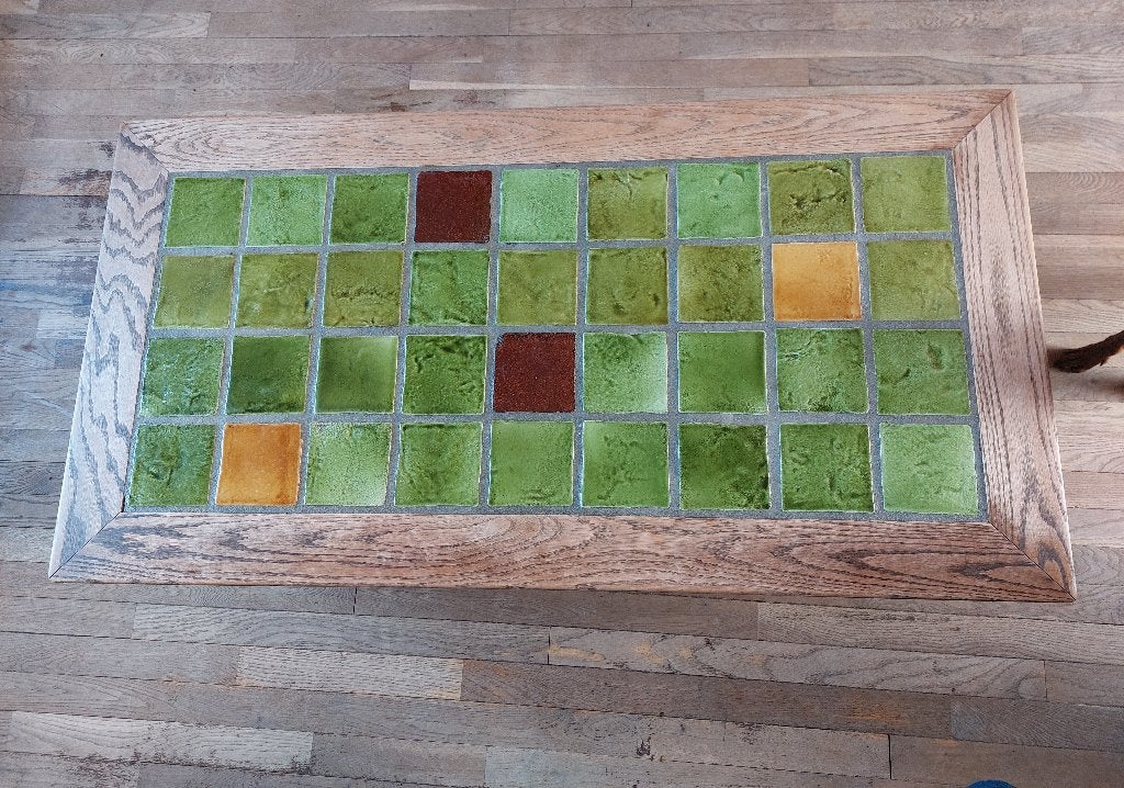 Mooië vintage salontafel met tegeltjes, zo goed als nieuw!, Ophalen, 100 tot 150 cm, Eikenhout, 50 tot 100 cm