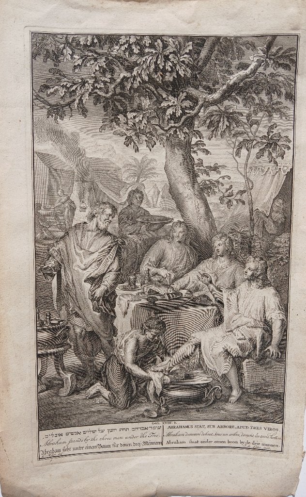 Abraham staat onder eenen boom by de drie mannen Kopergravur, Religie, Ophalen of Verzenden, 35 cm, 21 cm