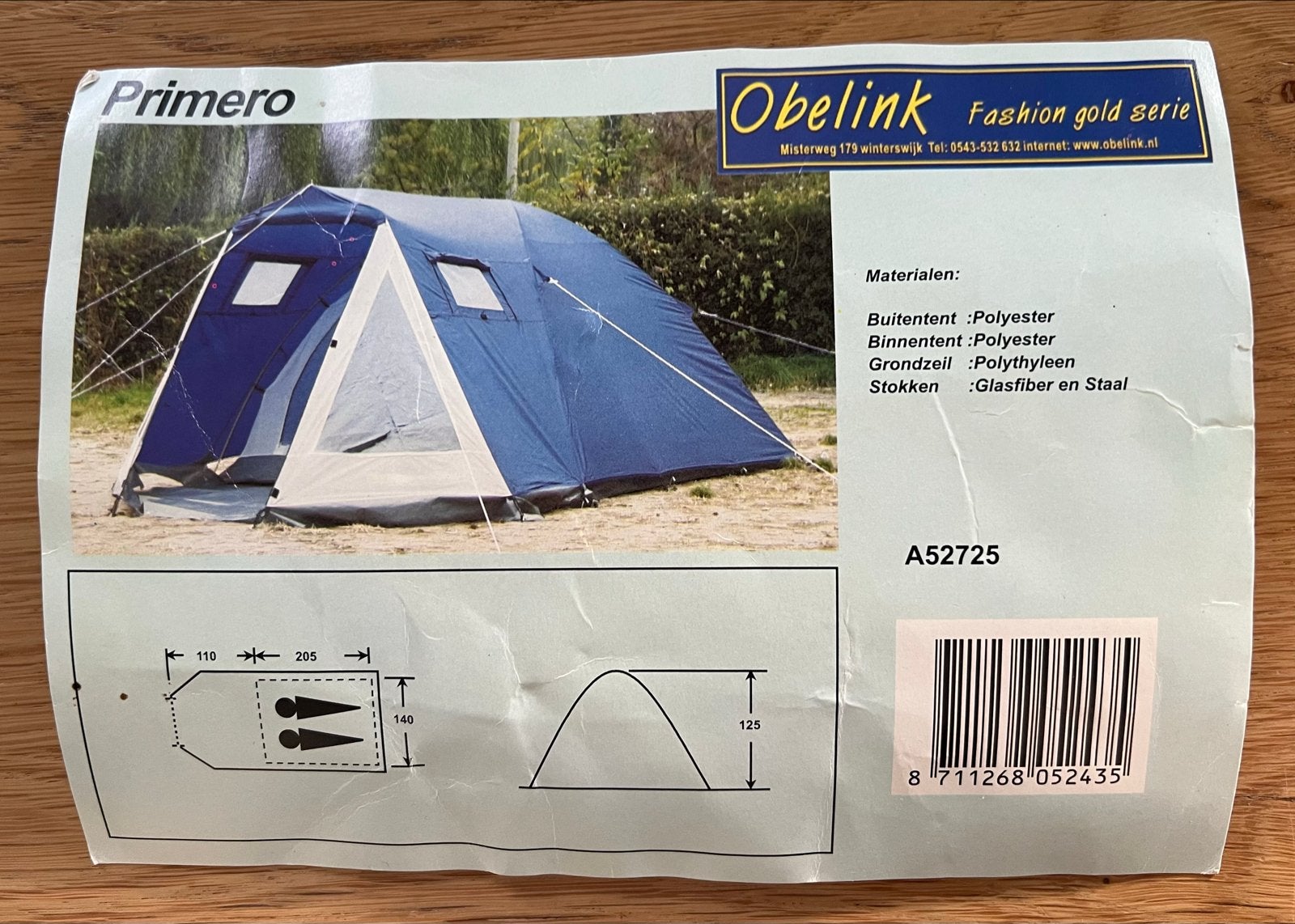 Compacte Obelink Primero tent - Ideaal voor kinderen/bijzet, Ophalen of Verzenden, Gebruikt, Tot en met 2