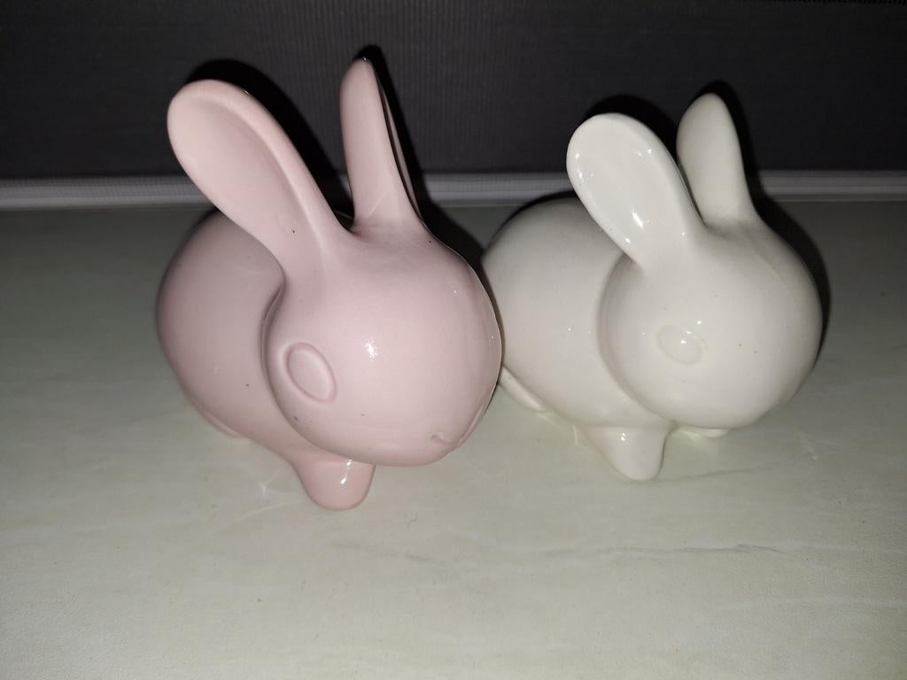 2x schattig konijn voor watjes wattenbollen - Roze en Wit, Antiek en Kunst, Ophalen of Verzenden