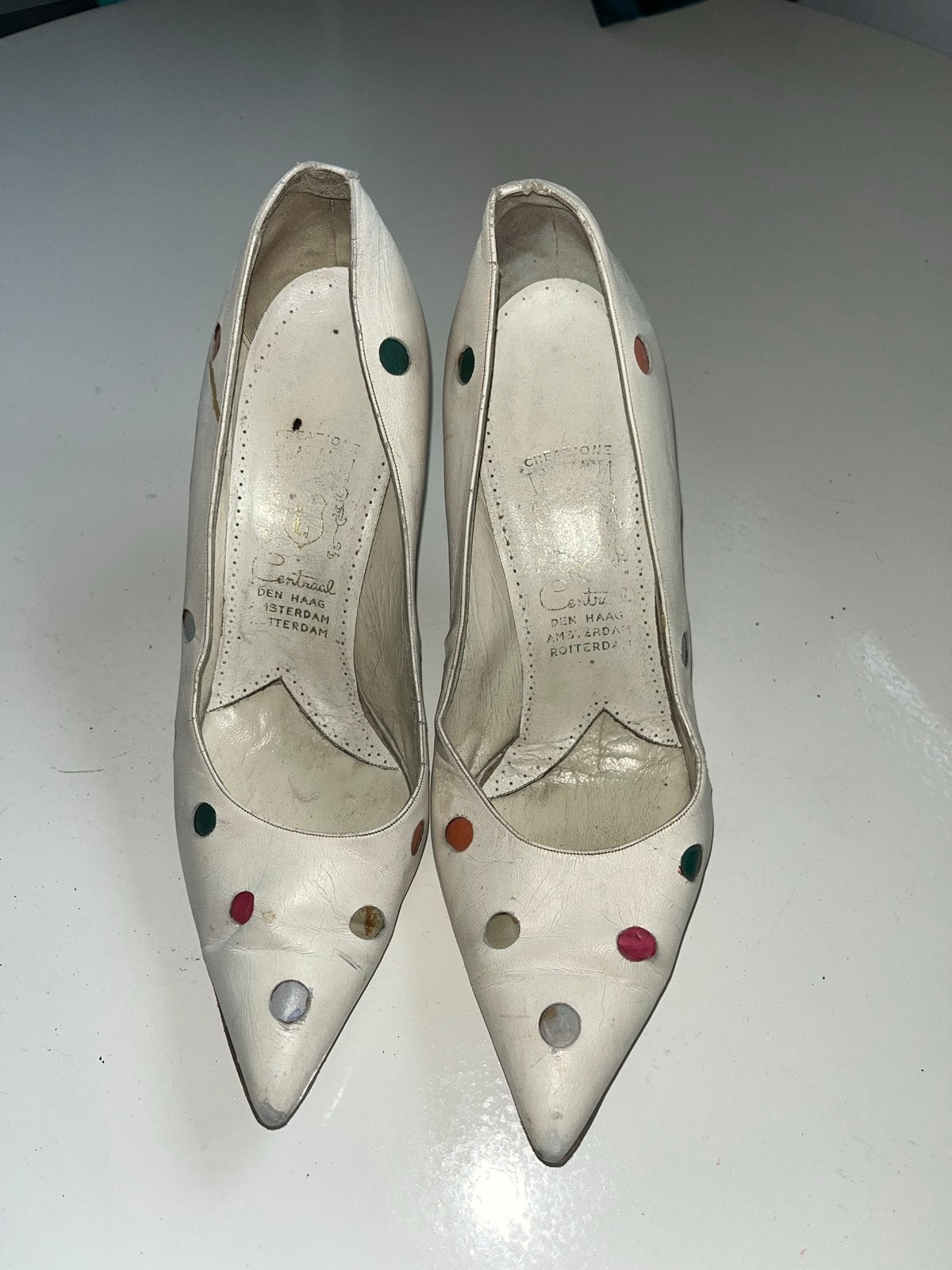 Vintage Witte Pumps met Gekleurde Stippen - Maat 38, Ophalen, Gedragen, Wit, Pumps
