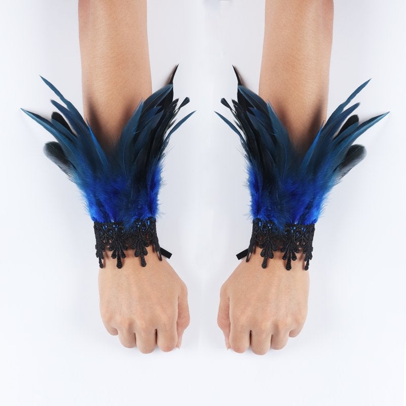Blauwe veren dames handschoenen victoriaanse burlesque punk, Verzenden, Nieuw, Handschoenen, Hoed of Pet