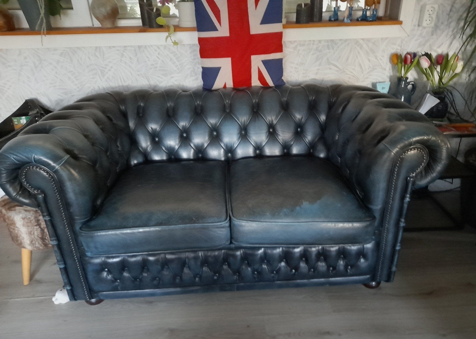 chesterfield 3 + 2 zits blauw, Huis en Inrichting, Ophalen, Gebruikt, Overige maten, Leer