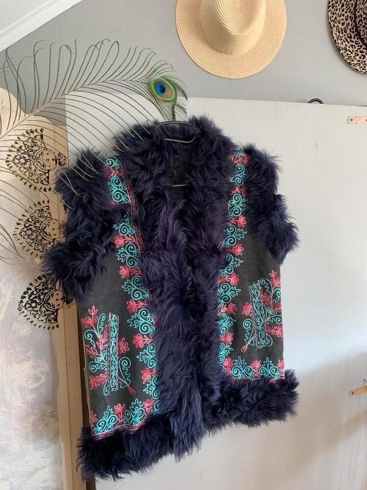 Vintage afghaanse waistcoat M bohemian embroidery gilet, Maat 38/40 (M), -, Blauw, -