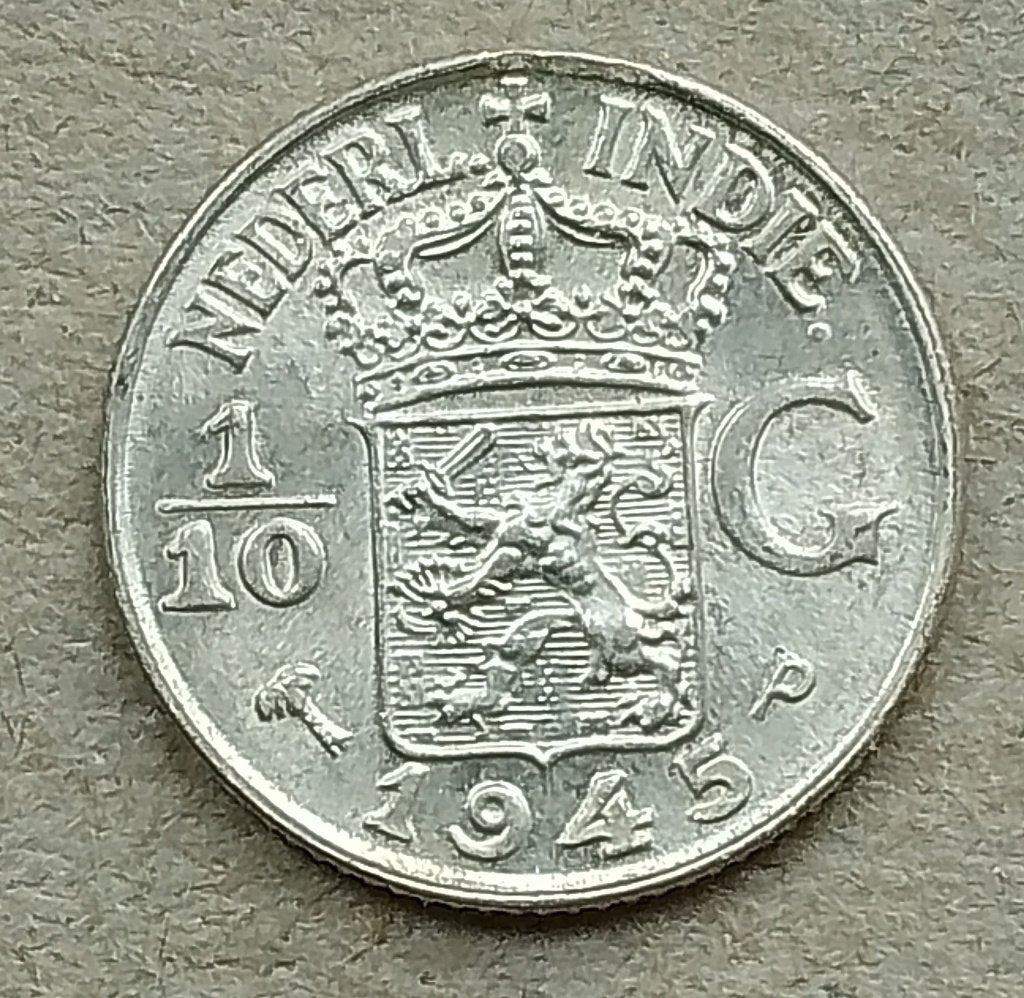 Nederlands Indië, 1/10 gulden 1945 P, Ophalen of Verzenden, Zuidoost-Azië, Losse munt, Zilver