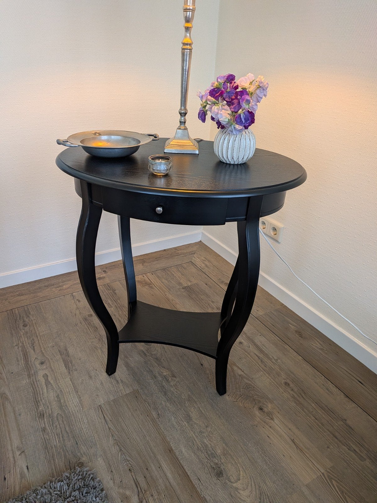 Zwart houten bijzettafel met lade, Ophalen, Gebruikt, Klassiek, Modern, Landelijk, Rond