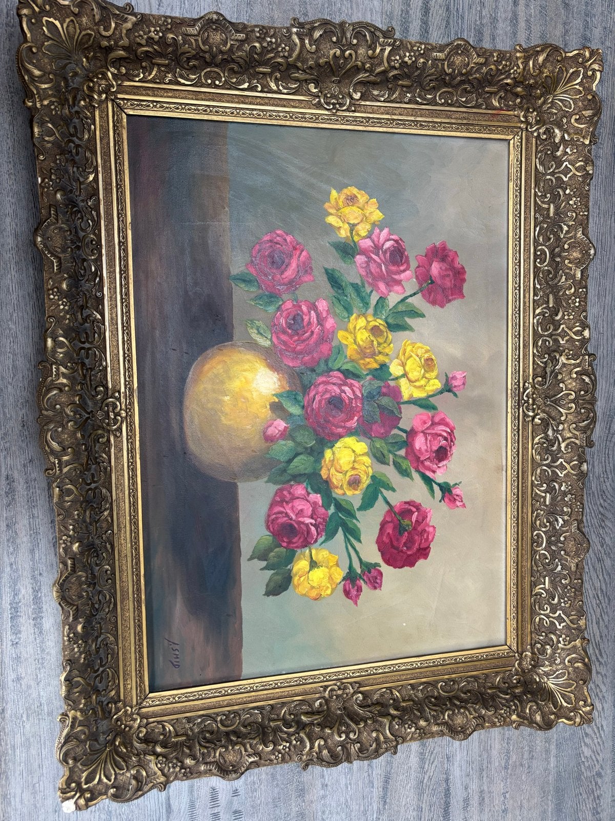 Schilderij met bloemen in sierlijke lijst (70x90 cm), Bloemen, Doek, Bijzondere lijst, Ophalen of Verzenden