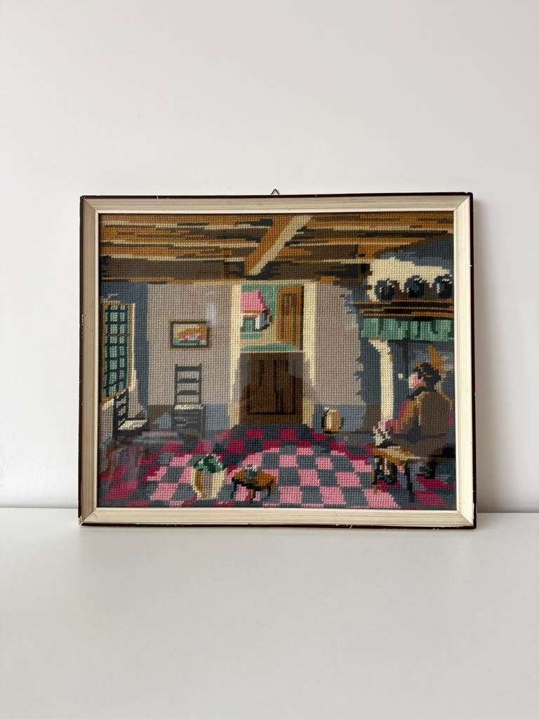 Vintage geborduurd schilderij, Ophalen of Verzenden