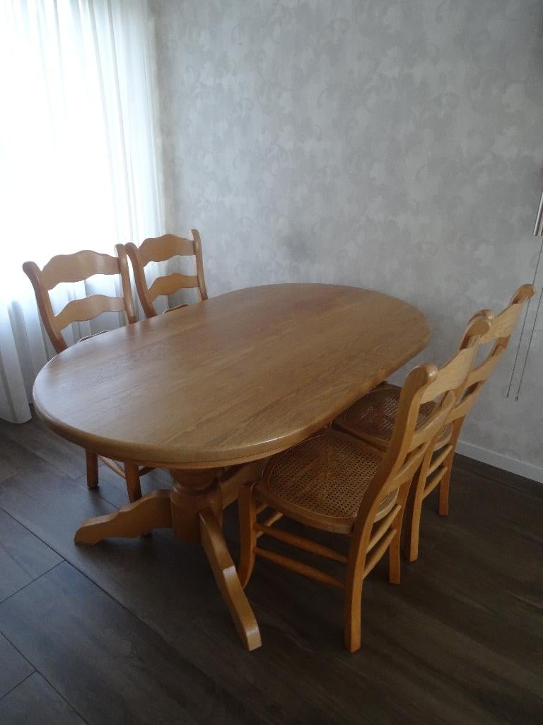 4 eiken eetkamerstoelen en tafelpoot van eiken eettafel, Huis en Inrichting, Ophalen, Gebruikt, Landelijk, modern, 4 tot 6 stoelen