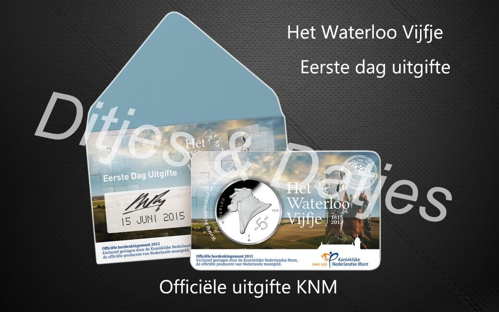 Eerste dag uitgifte Waterloo Vijfje coincard KNM, Postzegels en Munten, Ophalen of Verzenden, Koningin Beatrix, Euro's