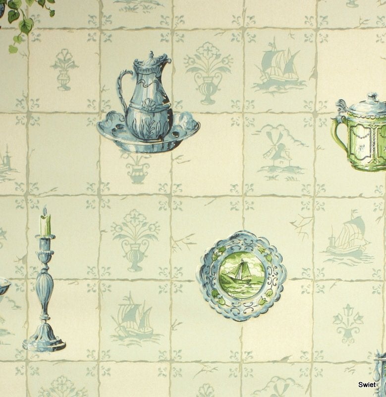 8165 delftsblauw behang met klassieke tegeltjes en jaren 50, Verzenden, Blauw