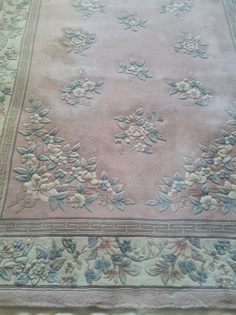 Vintage hand geknoopt roze wollen vloerkleed Engels, Ophalen, Heikant 21 Kaatsheuvel, 150 tot 200 cm, Belle Vieille Brocante