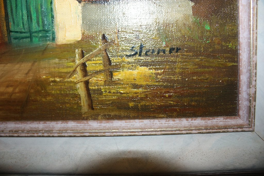 Te koop: Schilderij boerderij schuur door Steiner,gesigneerd, Ophalen, Paneel, Landschap, Olieverf