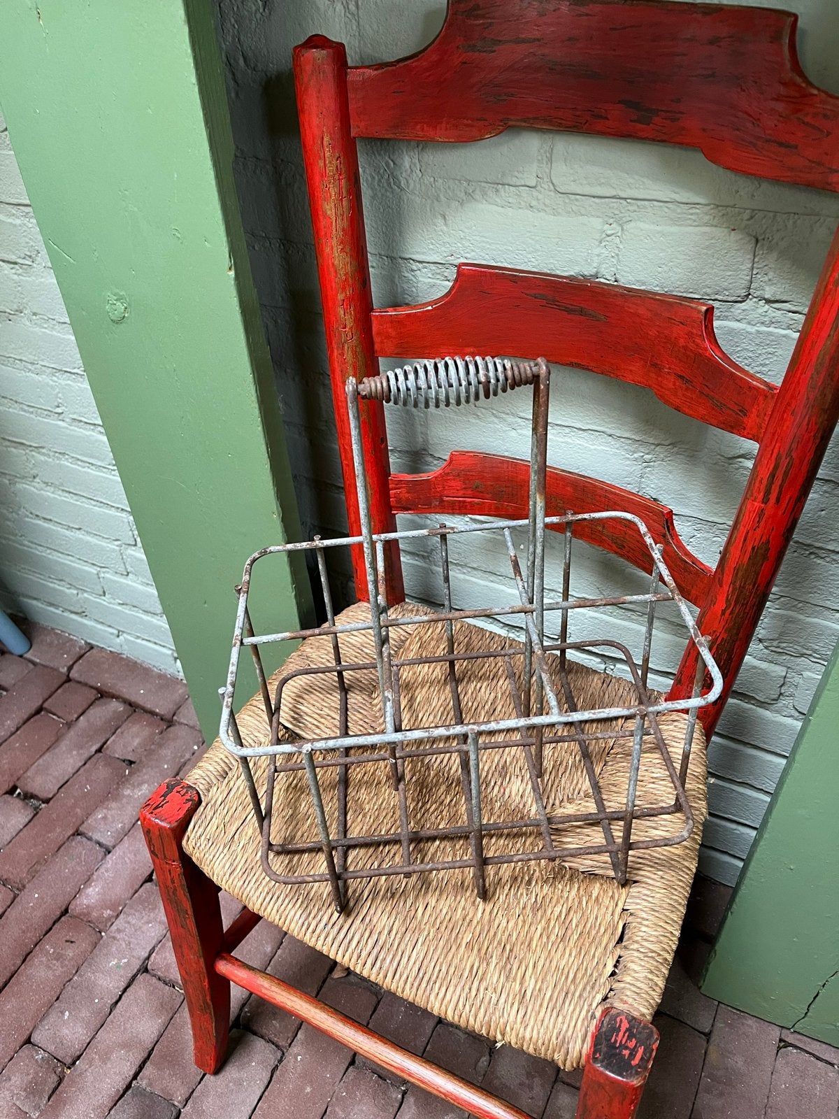 Frans  brocante/vintage metalen flessenrek / flessenmand, Ophalen of Verzenden