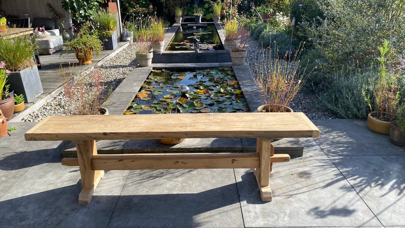 Tuinbank bank side table massief eiken handgemaakt, Ophalen, Nieuw, Hout