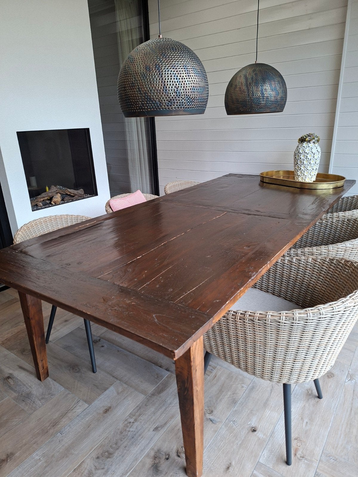 robuste eiken  tafel. lente 270 cm breedte  120cm. hoogte77, Ophalen of Verzenden, Gebruikt