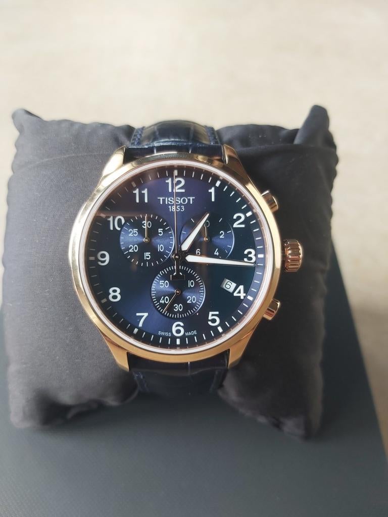 TISSOT chrono classic XL roségoud & donkerblauw in OVP, Overige merken, Leer, Staal, Polshorloge