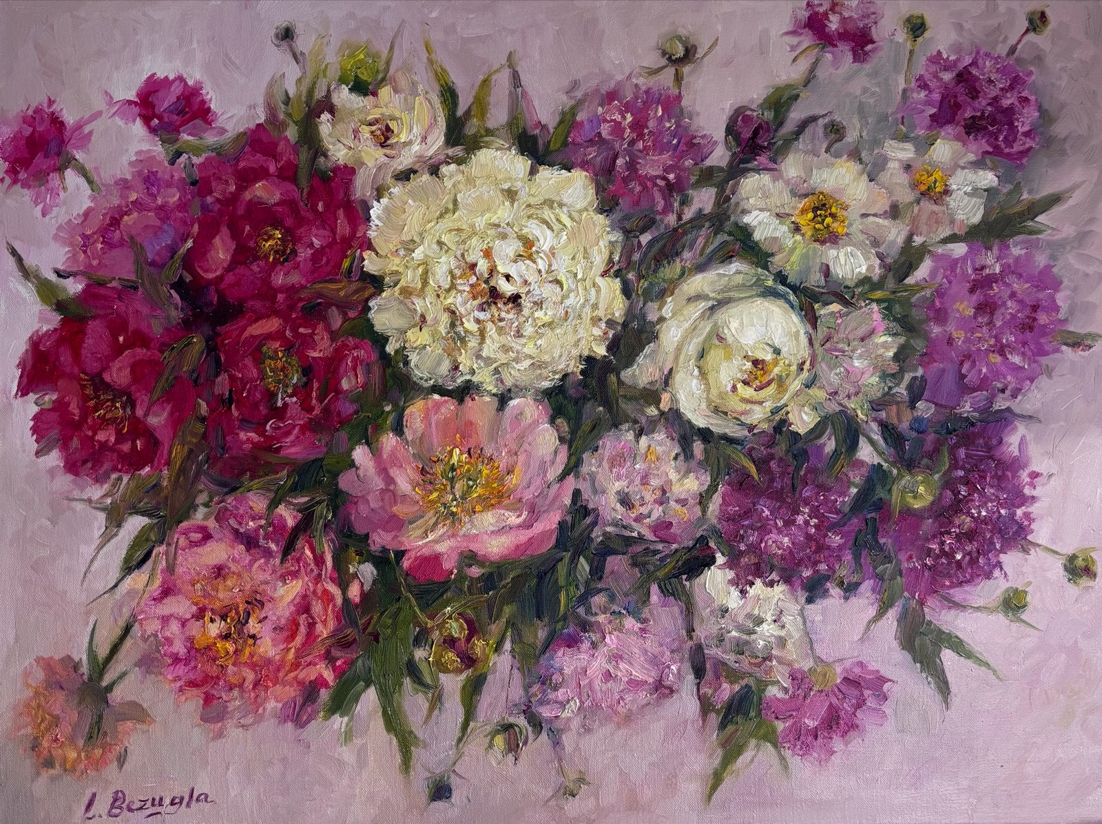 Schilderij: Levendig Boeket van Pioenrozen, 60*80, Ophalen of Verzenden