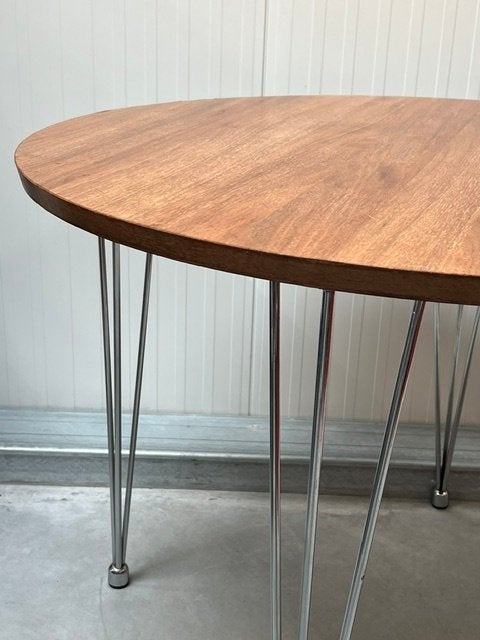 Vintage eettafel rond retro hairpin eetkamertafel chroom, Huis en Inrichting, Gebruikt, 50 tot 100 cm, Teakhout, .