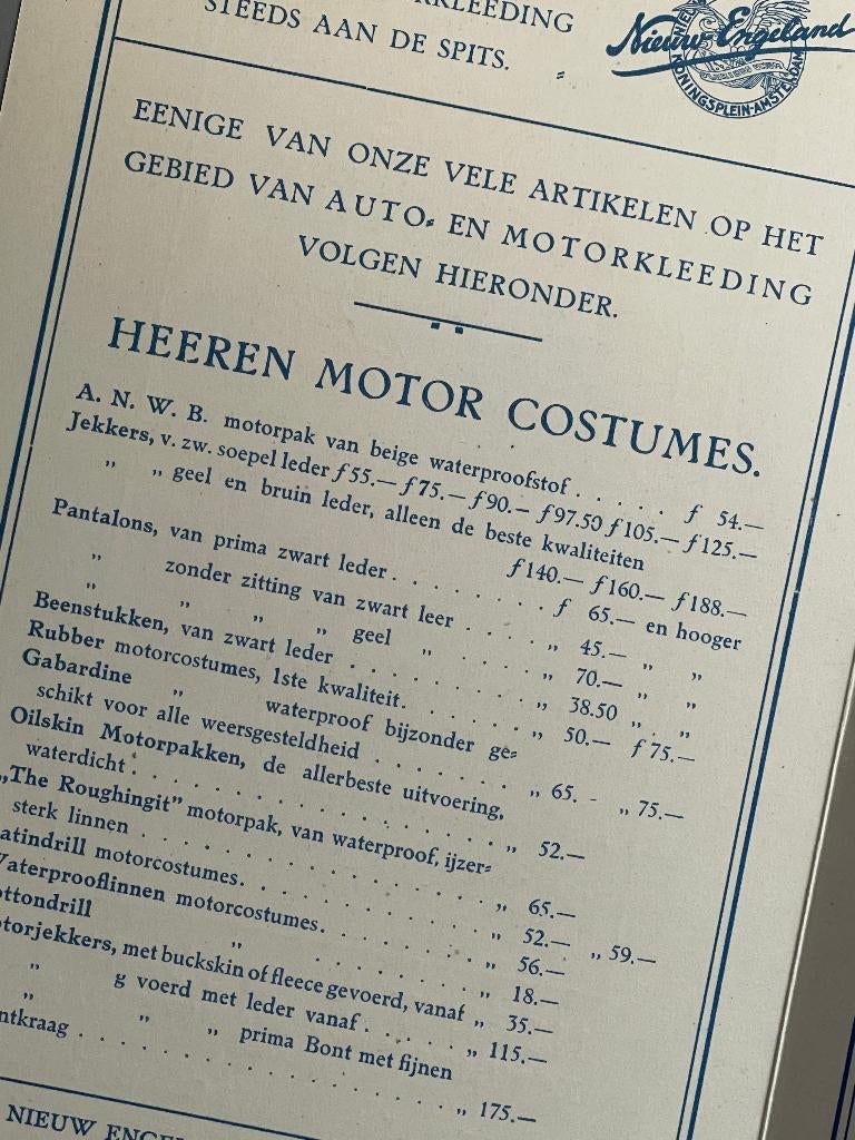 Folder jaren 20 Motorkleeding - Nieuw Engeland (Excelsior), Ophalen of Verzenden, Overige merken