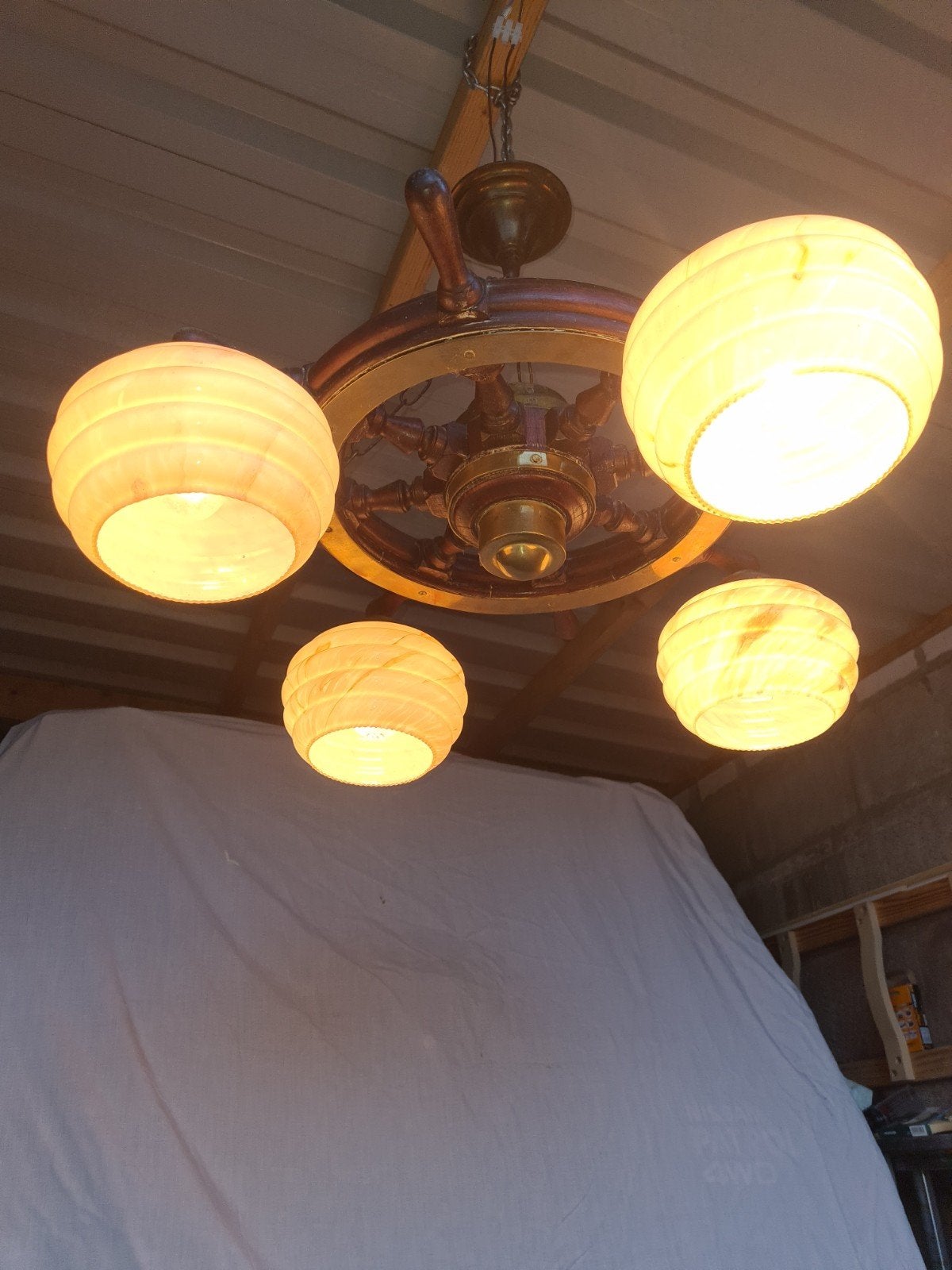 Antieke scheepsroer kroonluchter met 4 lampen 1950's, Antiek en Kunst, Ophalen of Verzenden