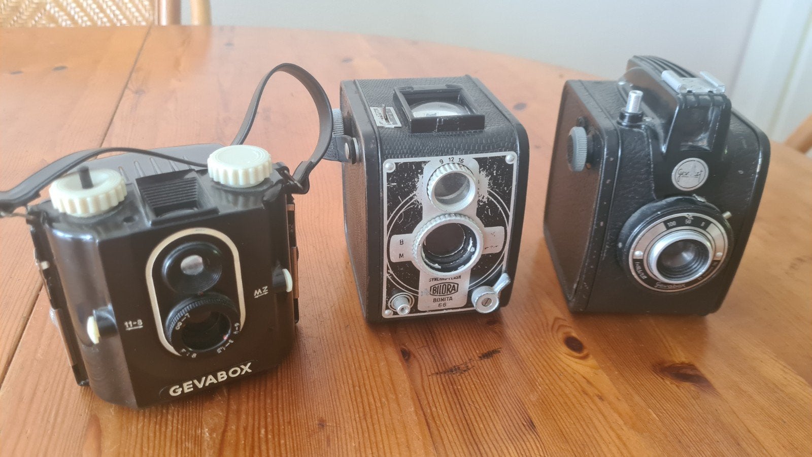 Drie Gevaert/Bilora boxcamera's jaren 50, Ophalen of Verzenden, Gebruikt, Compact, Overige Merken