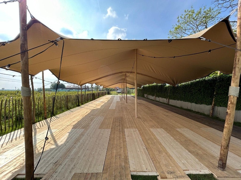 Stretchtent 22,5x10m Huren | Bruiloft & Feest, Ophalen of Verzenden, Zo goed als nieuw, Overige
