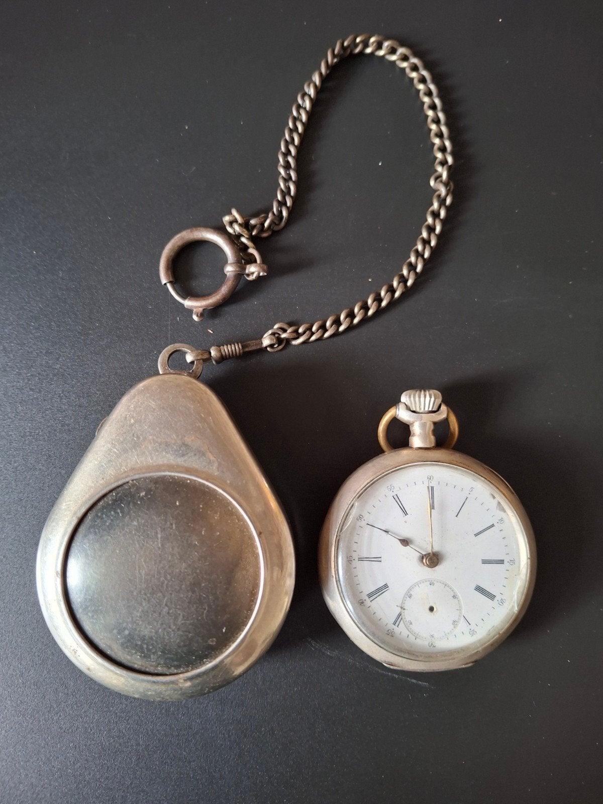 Antiek zakhorloge met ketting - zilverkleurig, Ophalen of Verzenden
