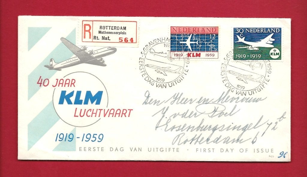 1959 KLM FDC E40 met gesloten klep e3, Verzenden, Beschreven, Nederland