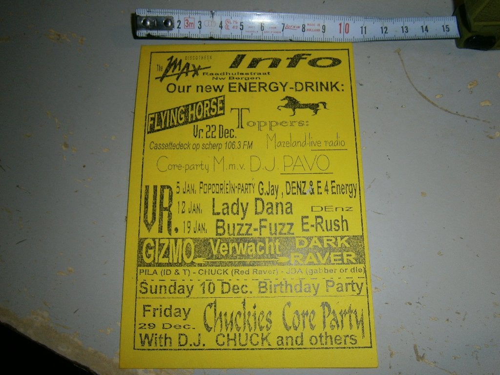 Zeldzame early hardcore flyer 1995-96 – The Max Nieuw Bergen, Ophalen, Rechthoekig Staand, A4 of kleiner, Zo goed als nieuw