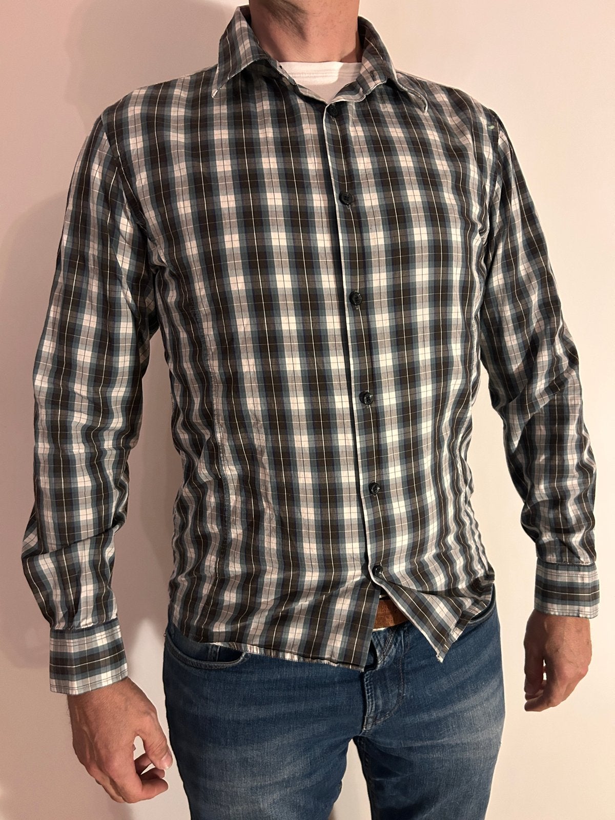 Geruit overhemd voor heren - Blauw, bruin, wit. Maat M, Kleding | Heren, Ophalen of Verzenden, Zo goed als nieuw, Meerkleurig