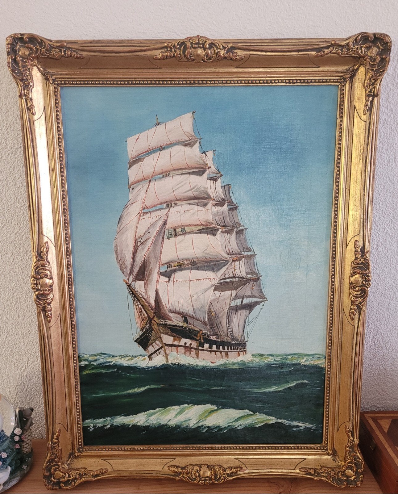 Antiek Schilderij: Drie Master Zeilschip in Prima Staat, Ophalen, Maritiem / water, Ingelijst, Doek