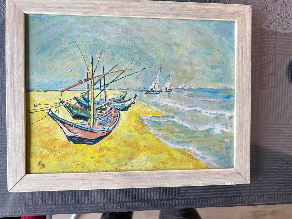 Olieverf visserboten gesigneerd CB (naar Vincent van Gogh), Ophalen of Verzenden