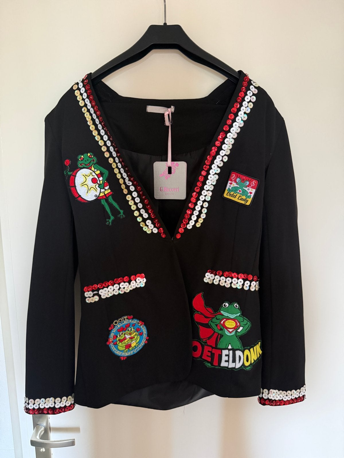 Carnavalsjasje 'Oeteldonk' met pailletten en kikkers, Kleding | Dames, Carnaval, Maat 42/44 (L), Ophalen of Verzenden, Zo goed als nieuw