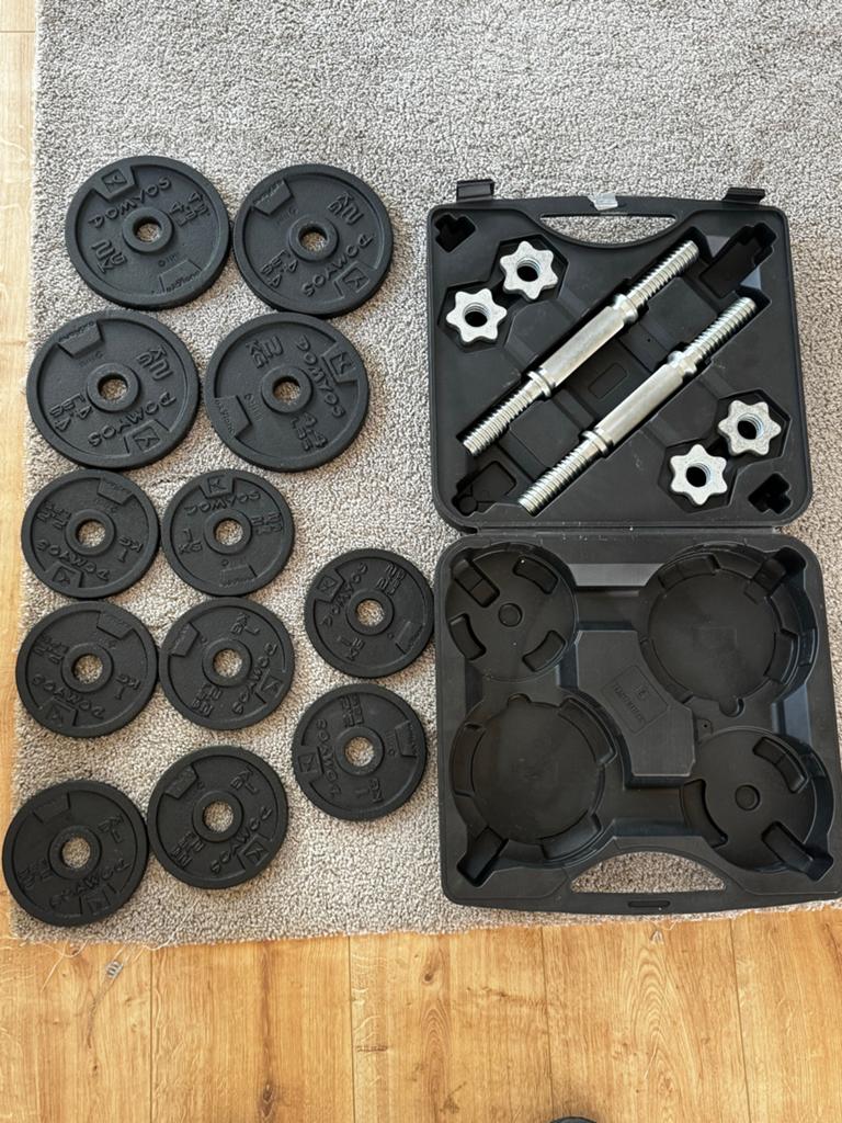 Domyos Halterset 20 kg met koffer, Sport en Fitness, Fitnessmaterialen, Ophalen of Verzenden, Gebruikt, Armen, Halterset
