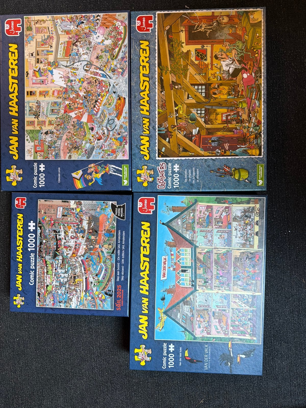 Exclusieve set van 4 Jan van Haasteren puzzels (1000 stukjes, Ophalen of Verzenden, Meer dan 50 stukjes, Zo goed als nieuw, 2 tot 4 jaar