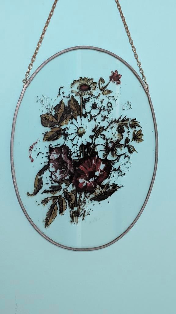 Vintage glas in lood schilderijtje met bloemen, Antiek en Kunst, Ophalen