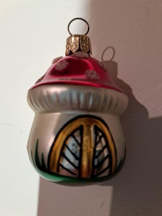 6x Vintage Figuur kerst ballen Paddenstoel Huisje Trommel, Ophalen of Verzenden, Meerkleurig, Glas