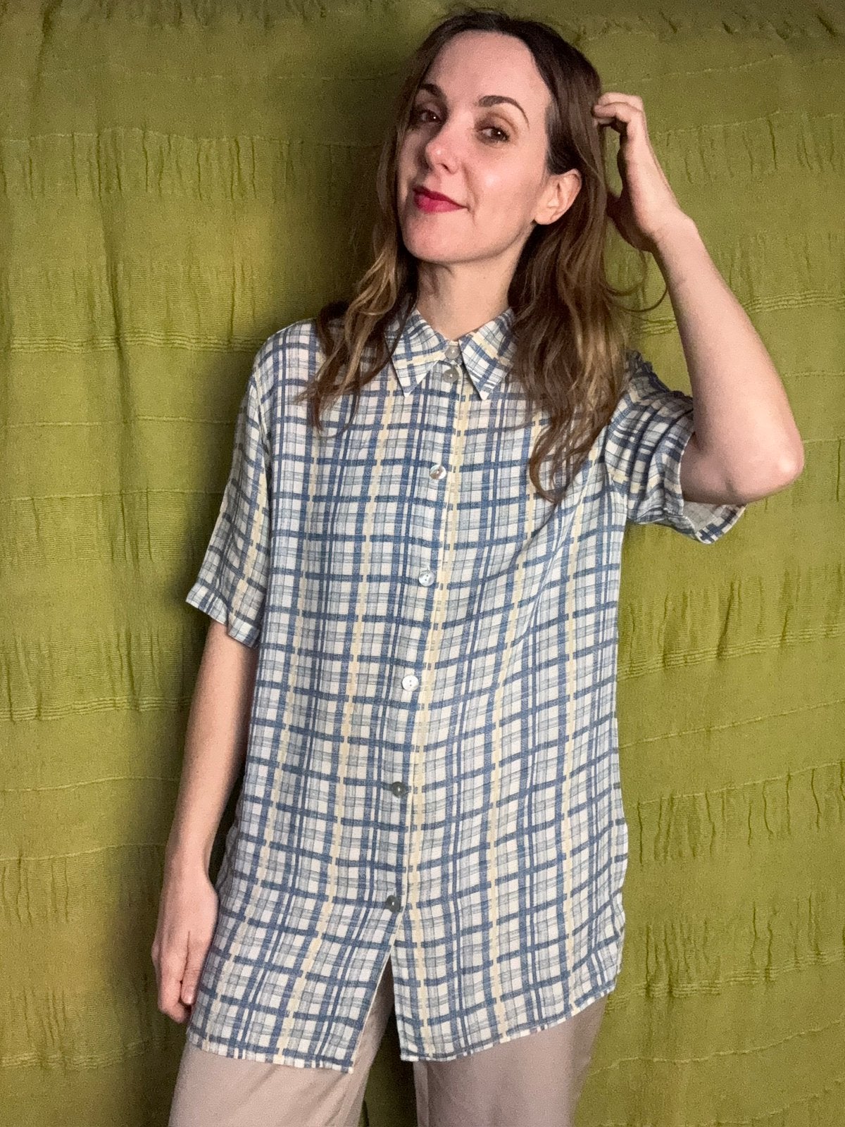 Vintage blouse - geruit blauw - 40/L/large, Maat 38/40 (M), Hgv, Blauw, Hgv