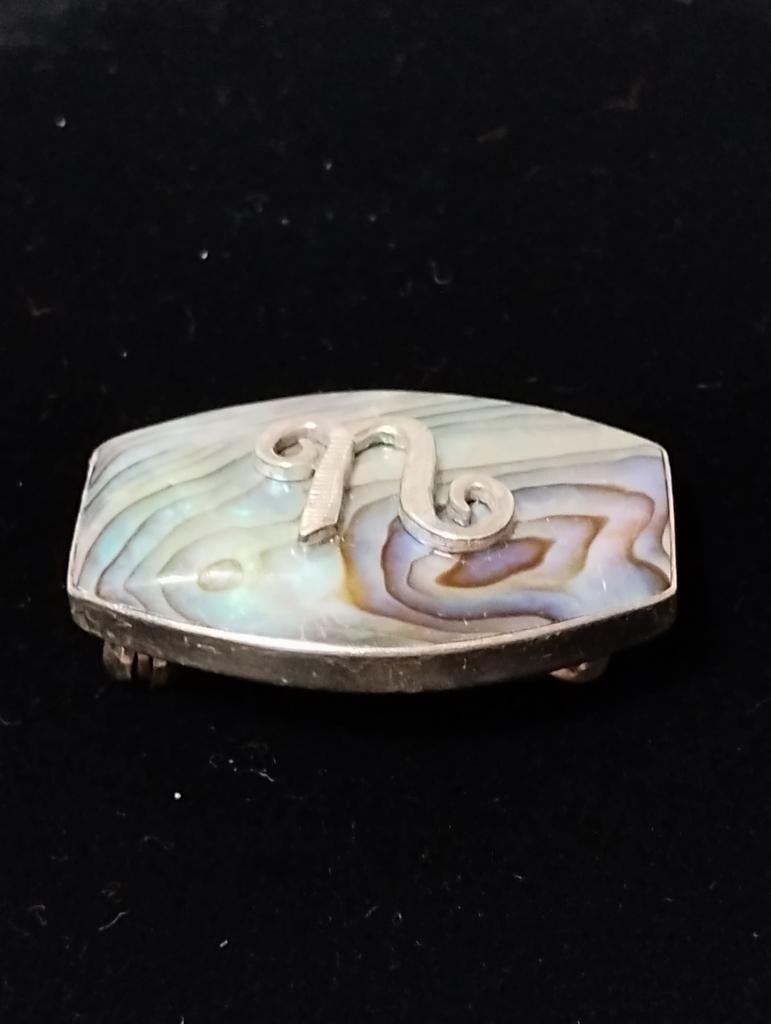 Oude sterling zilveren Paua shell broche, Ophalen of Verzenden, Zilver, Broche