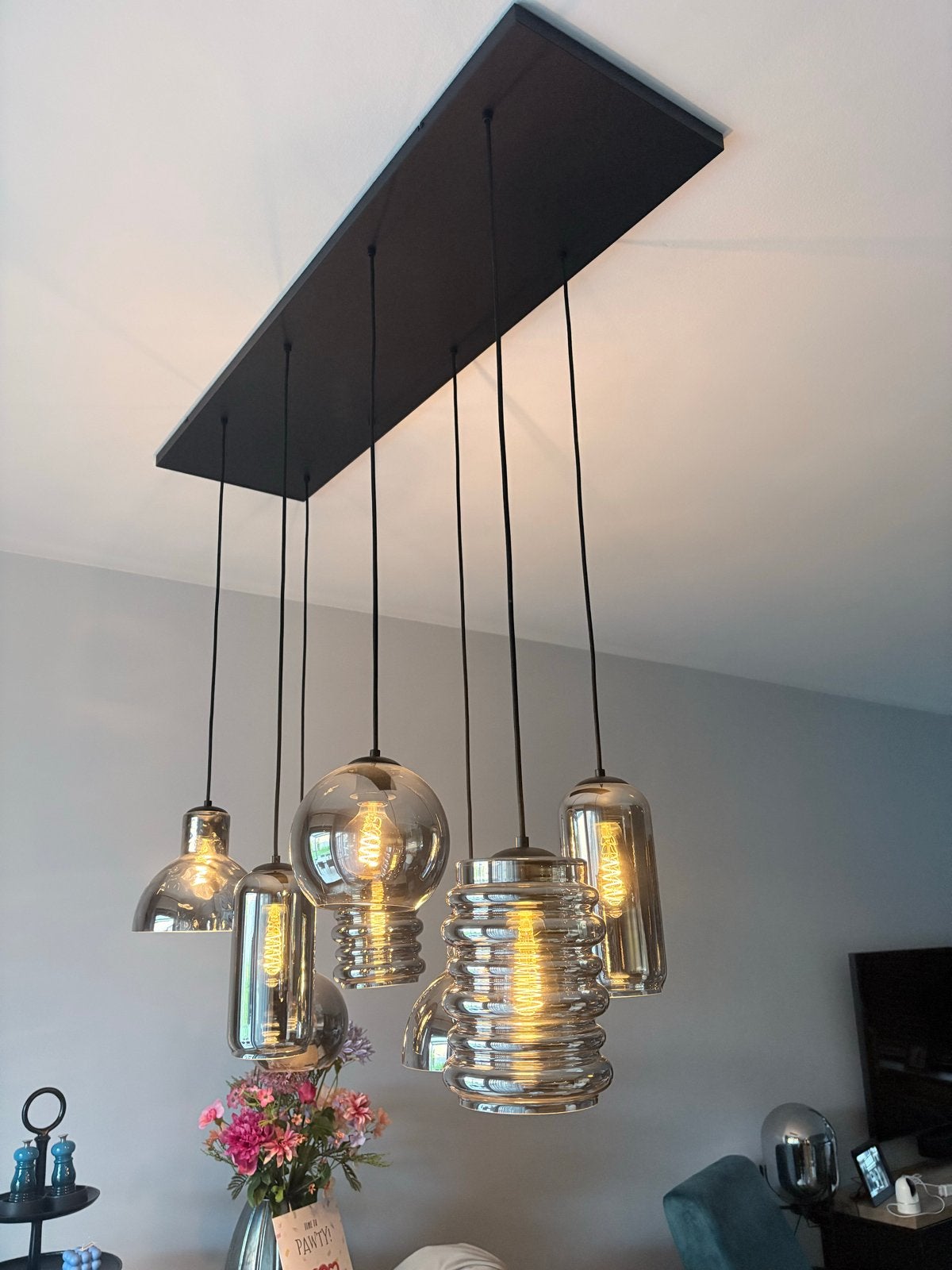 Moderne hanglamp met 8 glazen kappen smoke - Diverse vormen, Ophalen, E27 (groot), Modern, Glas