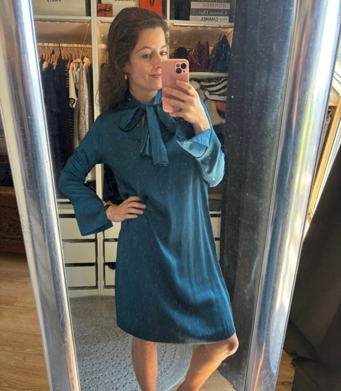 Fifth house satijnlook jurk Petrol met strik - maat 34/36, Blauw, Ophalen of Verzenden, Zo goed als nieuw, Maat 34 (XS) of kleiner