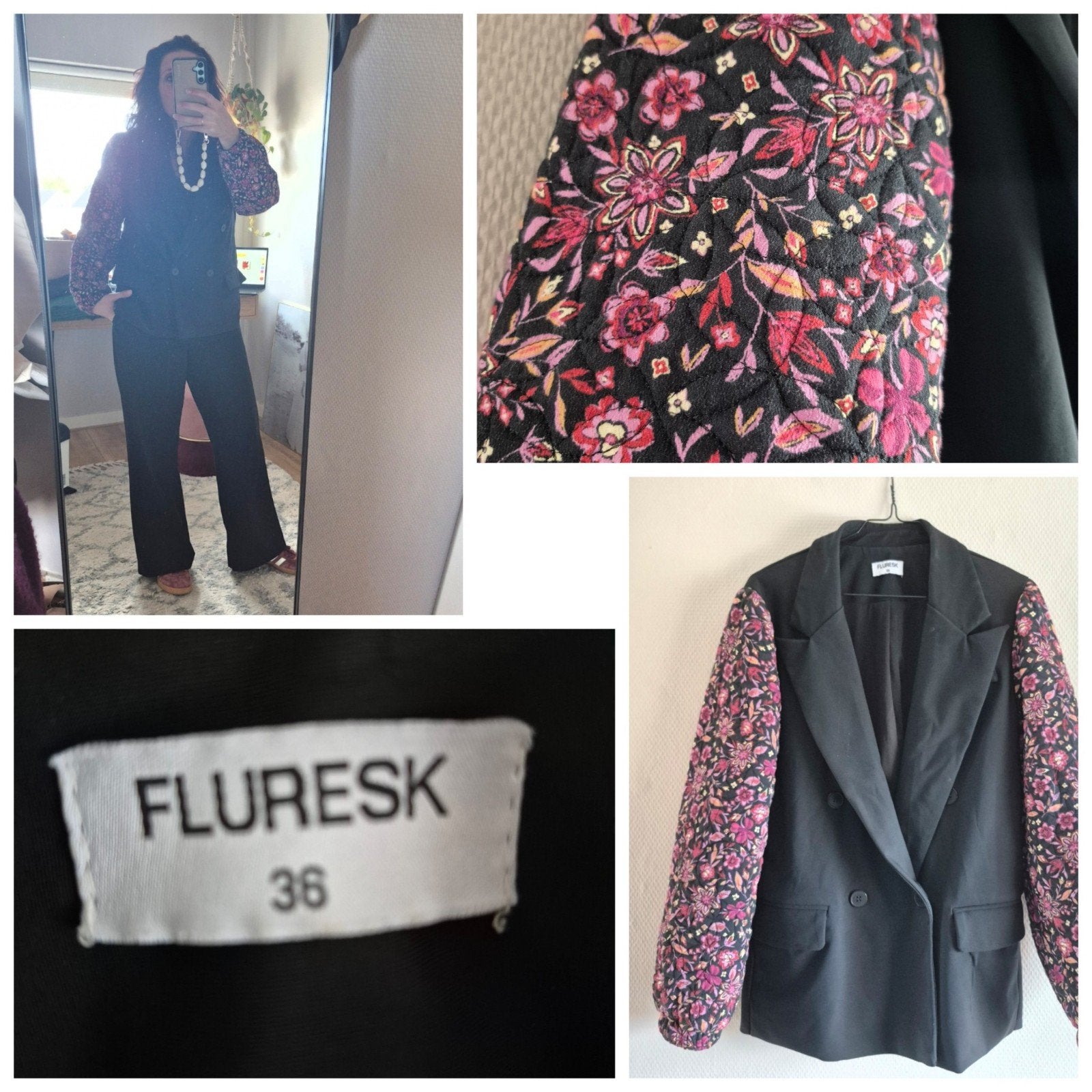 Zwart Fluresk blazer jasje met bloem mouwen maat 38/M, Maat 38/40 (M), Zwart, Ophalen of Verzenden, Jasje