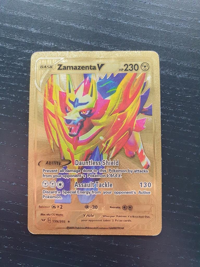Zamazenta V 139/202 Gold Metal Pokémon Kaart, Ophalen of Verzenden, Zo goed als nieuw, Losse kaart, Foil