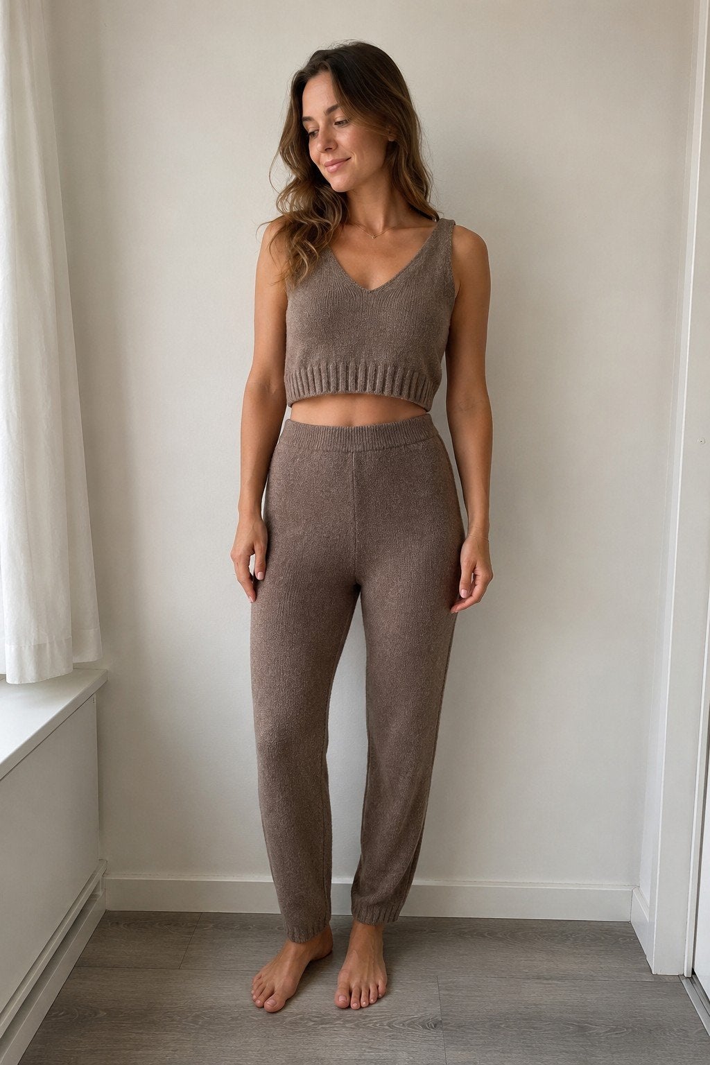 Bruine knit set – top + broek, maat M, zacht & comfy, Ophalen of Verzenden, Zo goed als nieuw, Maat 38/40 (M), Bruin