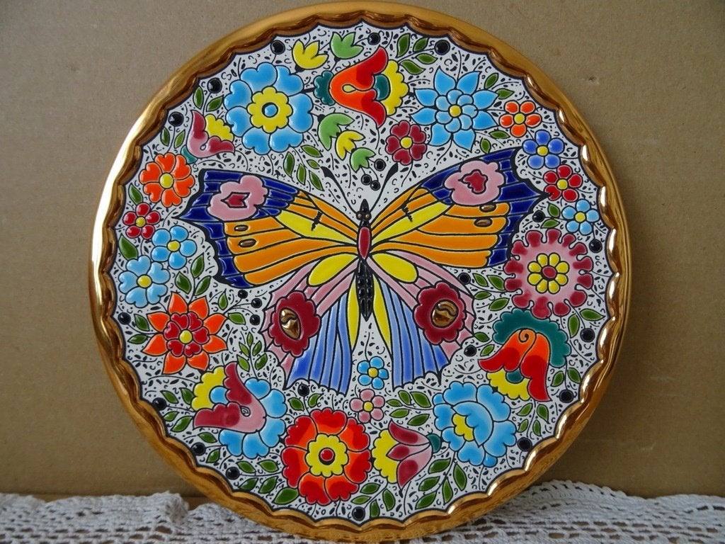 Vintage rijkelijk verguld majolica wandbord Cearco Spain21cm, Ophalen of Verzenden