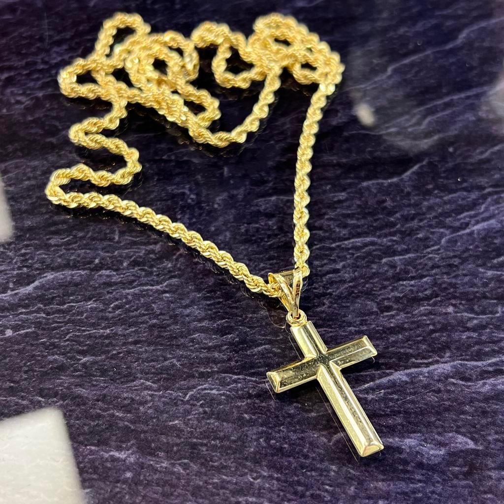 14 karaat gouden ketting rope schakel met kruis hanger, Ophalen of Verzenden, Nieuw, Goud