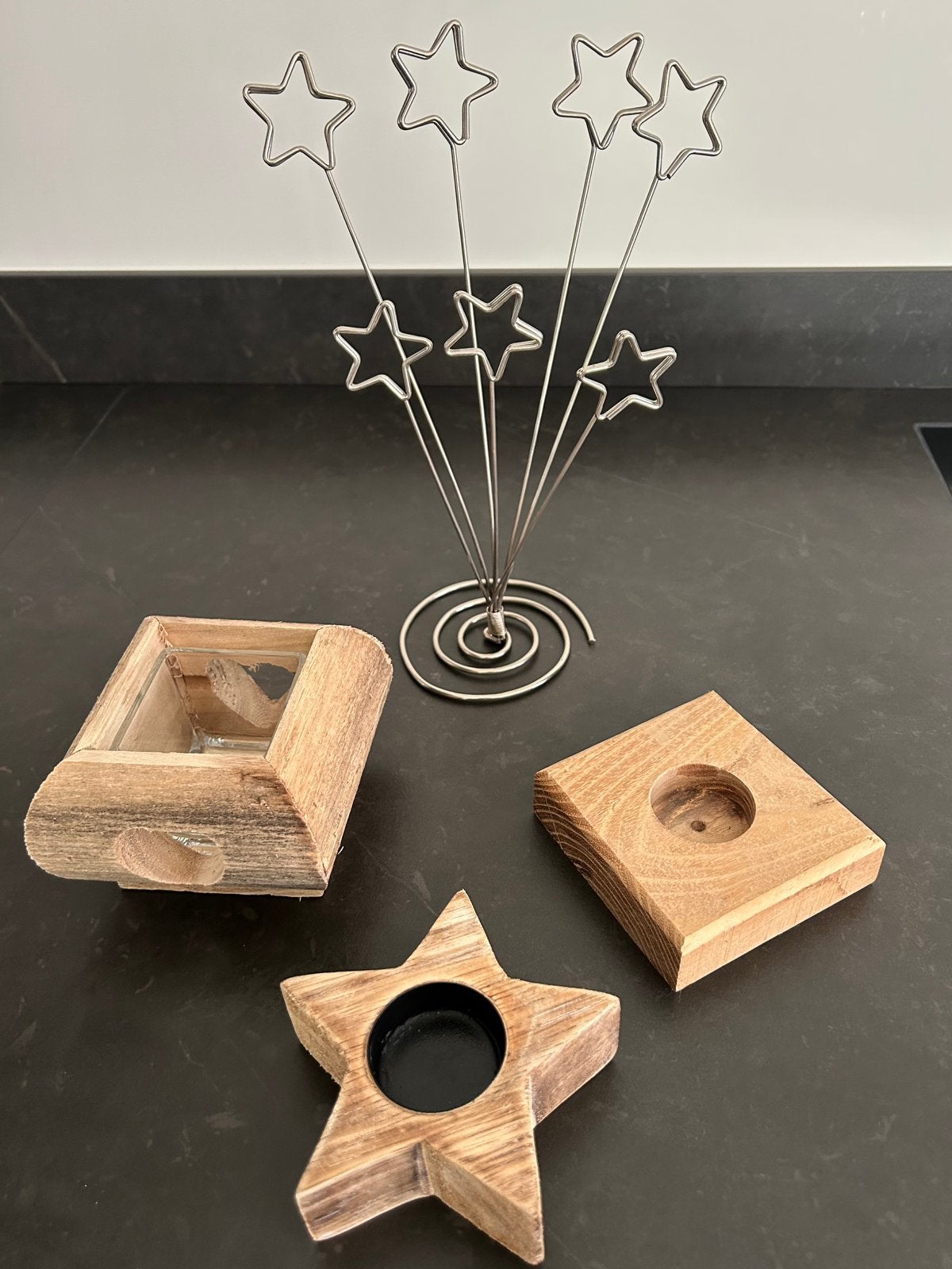 3 houten sfeerlichten en kaartenhouder, Ophalen of Verzenden, Zo goed als nieuw, Rechthoekig, Hout